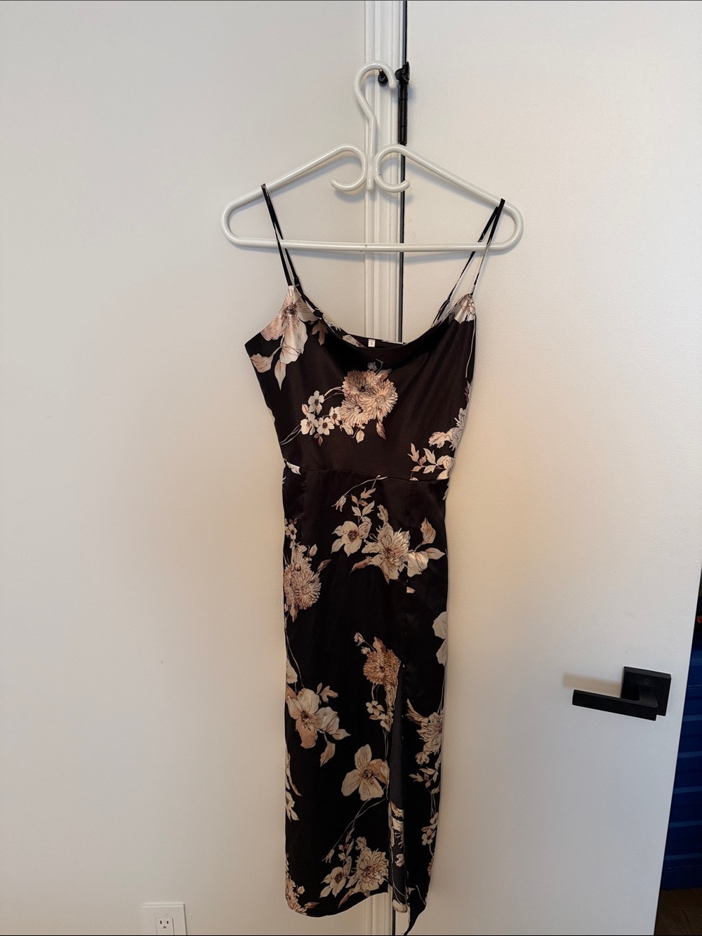Floral Slip Midi Dress - Black with Beige Floral